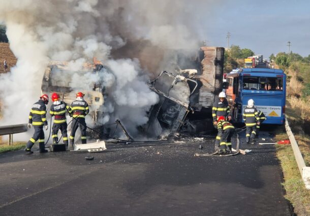 accident rutier, teleorman, tir, autocare, incendiu